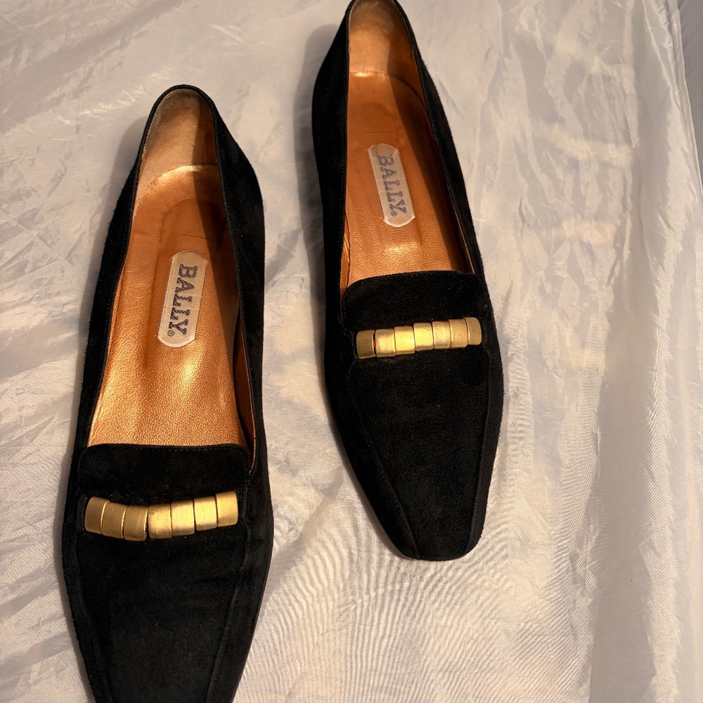 Old Money Bally 90s Elle Black Suede Women's Flat Shoe with Gold Accents